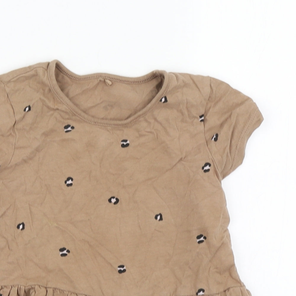 George Girls Brown Animal Print Cotton Basic T-Shirt Size 3-4 Years Round Neck