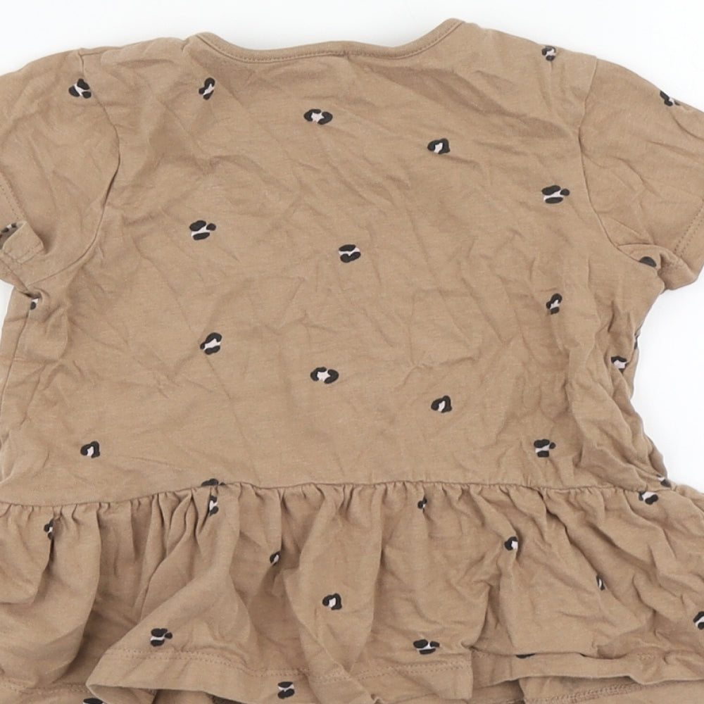 George Girls Brown Animal Print Cotton Basic T-Shirt Size 3-4 Years Round Neck