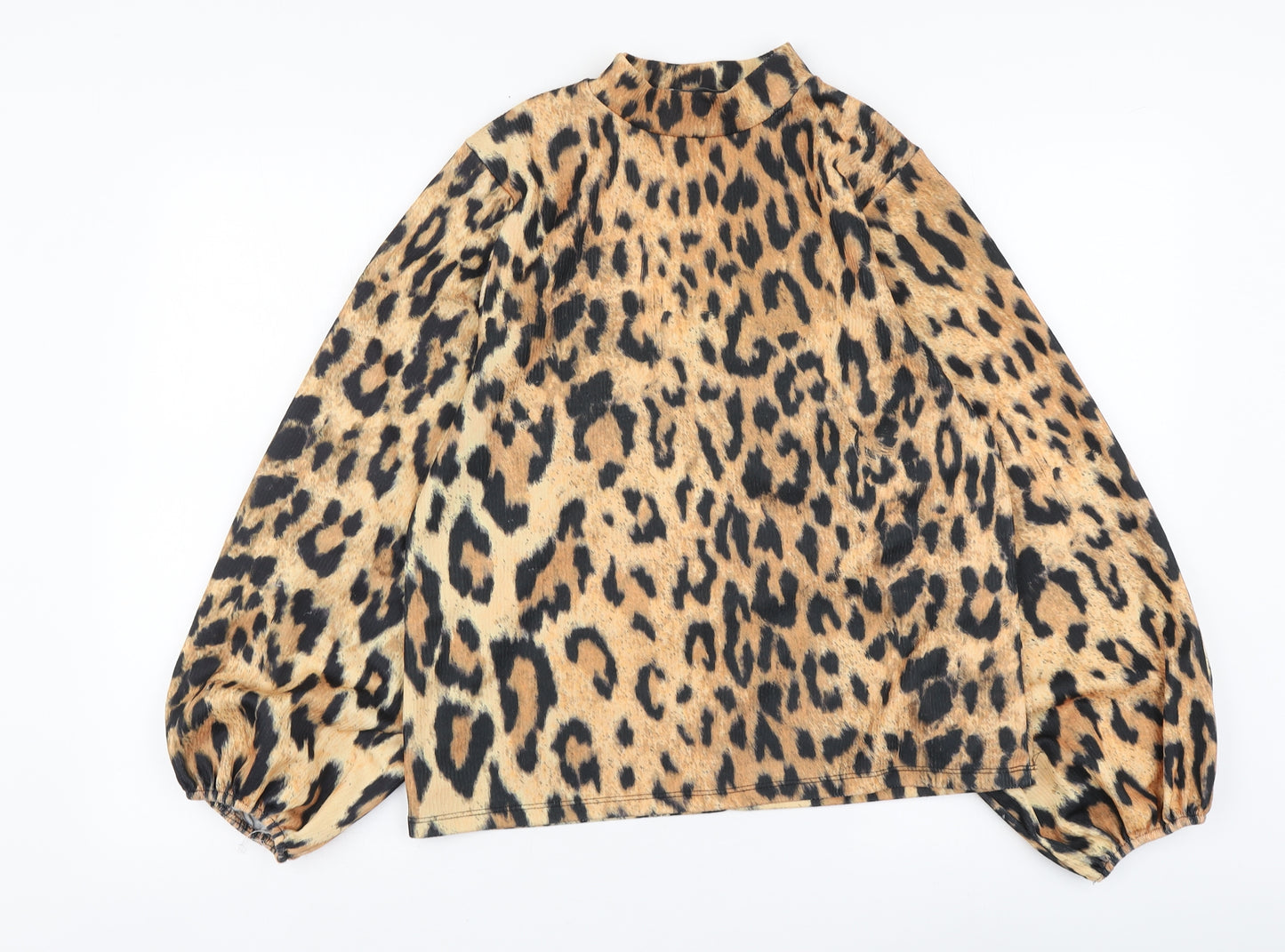 Zara Womens Brown Animal Print Polyester Basic Blouse Size S High Neck