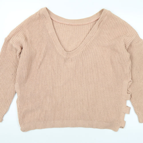 Boohoo Womens Beige V-Neck Cotton Pullover Jumper Size S - S/M