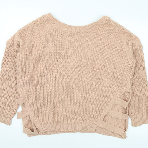 Boohoo Womens Beige V-Neck Cotton Pullover Jumper Size S - S/M