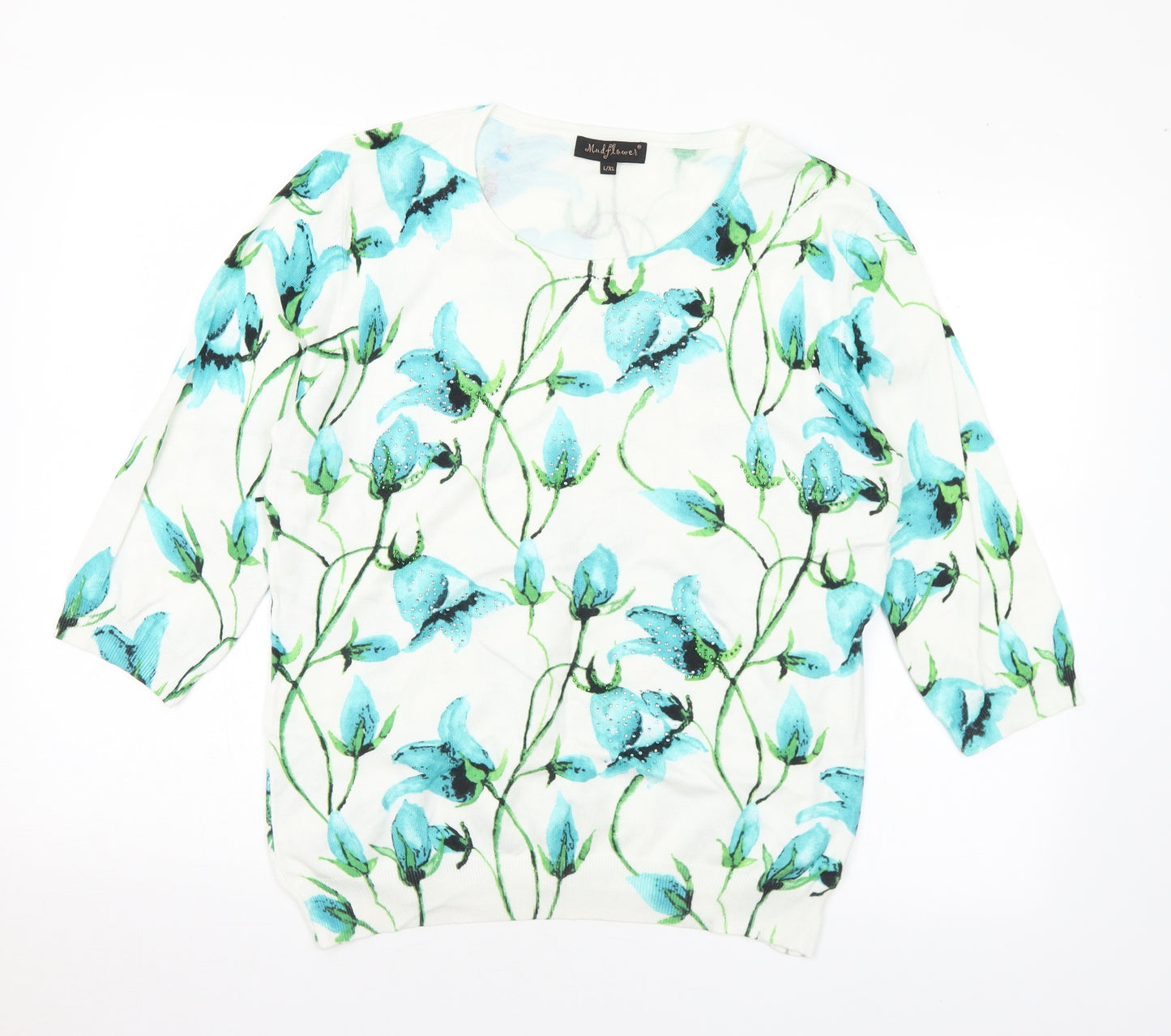 Mud Flower Womens Multicoloured Round Neck Floral Viscose Pullover Jumper Size L - L/XL
