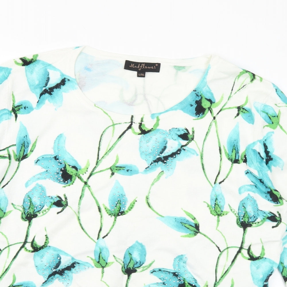 Mud Flower Womens Multicoloured Round Neck Floral Viscose Pullover Jumper Size L - L/XL