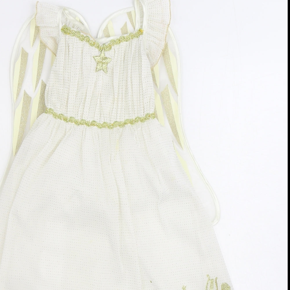 George Girls White Polyester A-Line Size 5-6 Years Square Neck Hook & Loop - Angel Fancy Dress