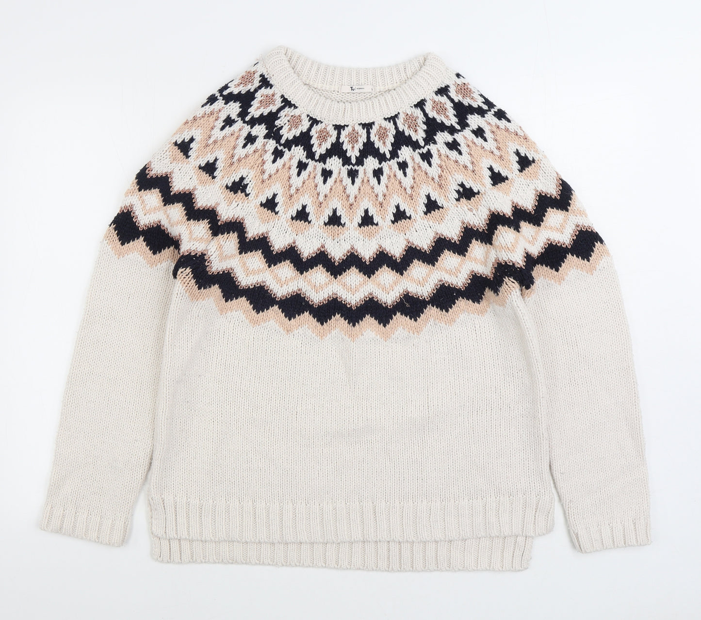 TU Womens White Round Neck Fair Isle Acrylic Pullover Jumper Size 16