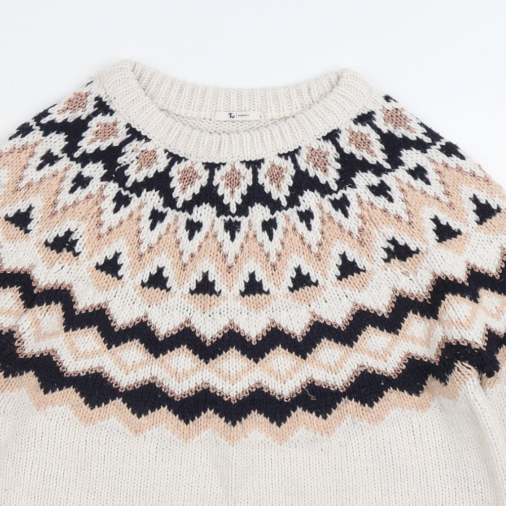 TU Womens White Round Neck Fair Isle Acrylic Pullover Jumper Size 16