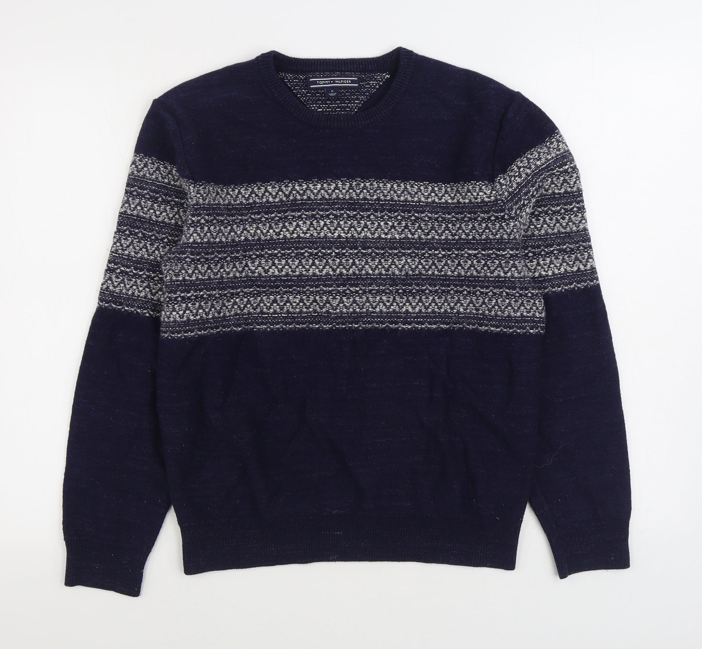 Tommy Hilfiger Mens Blue Round Neck Fair Isle Cotton Pullover Jumper Size M