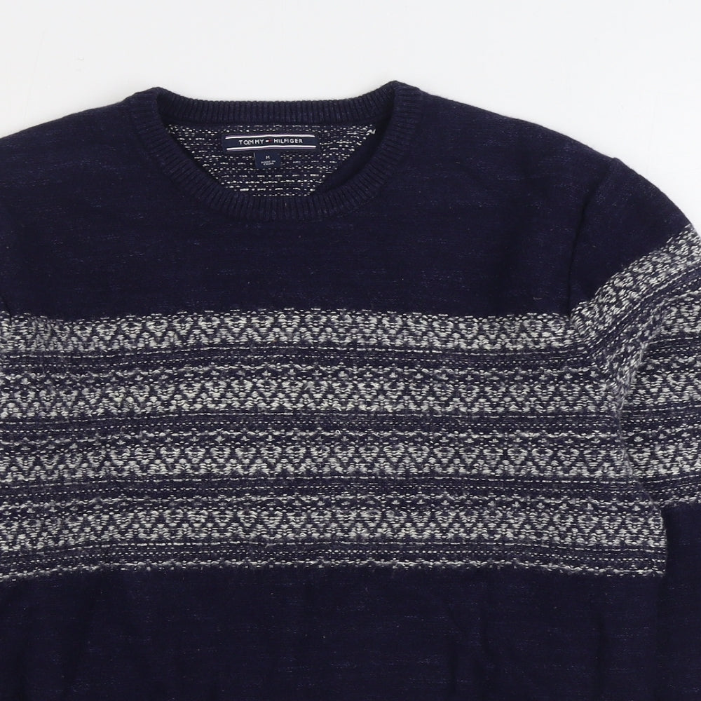Tommy Hilfiger Mens Blue Round Neck Fair Isle Cotton Pullover Jumper Size M
