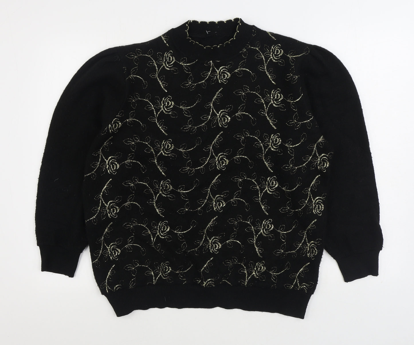 Preworn Womens Black Round Neck Floral Acrylic Pullover Jumper Size 16