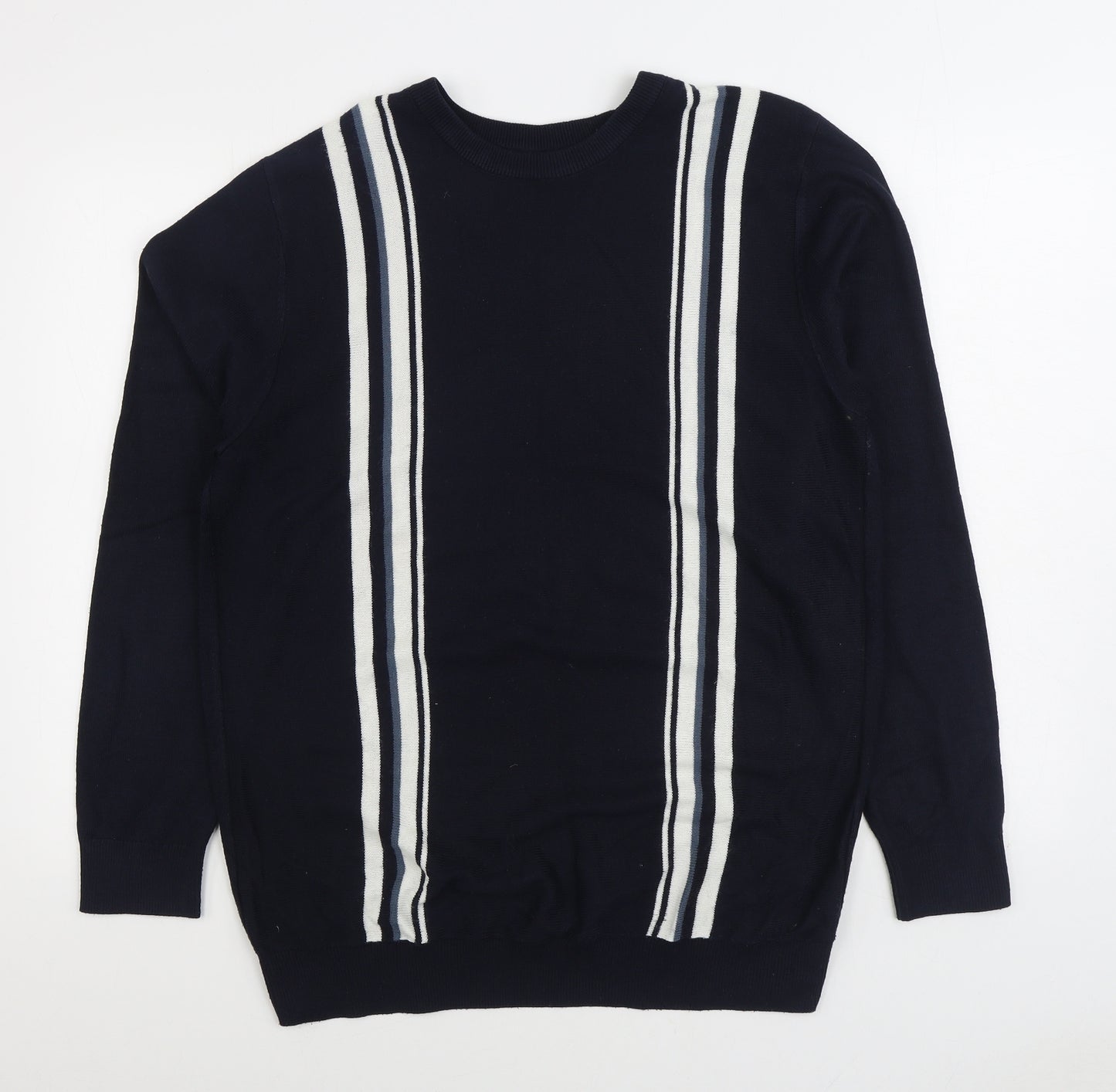 Matalan Mens Blue Round Neck Striped Acrylic Pullover Jumper Size L