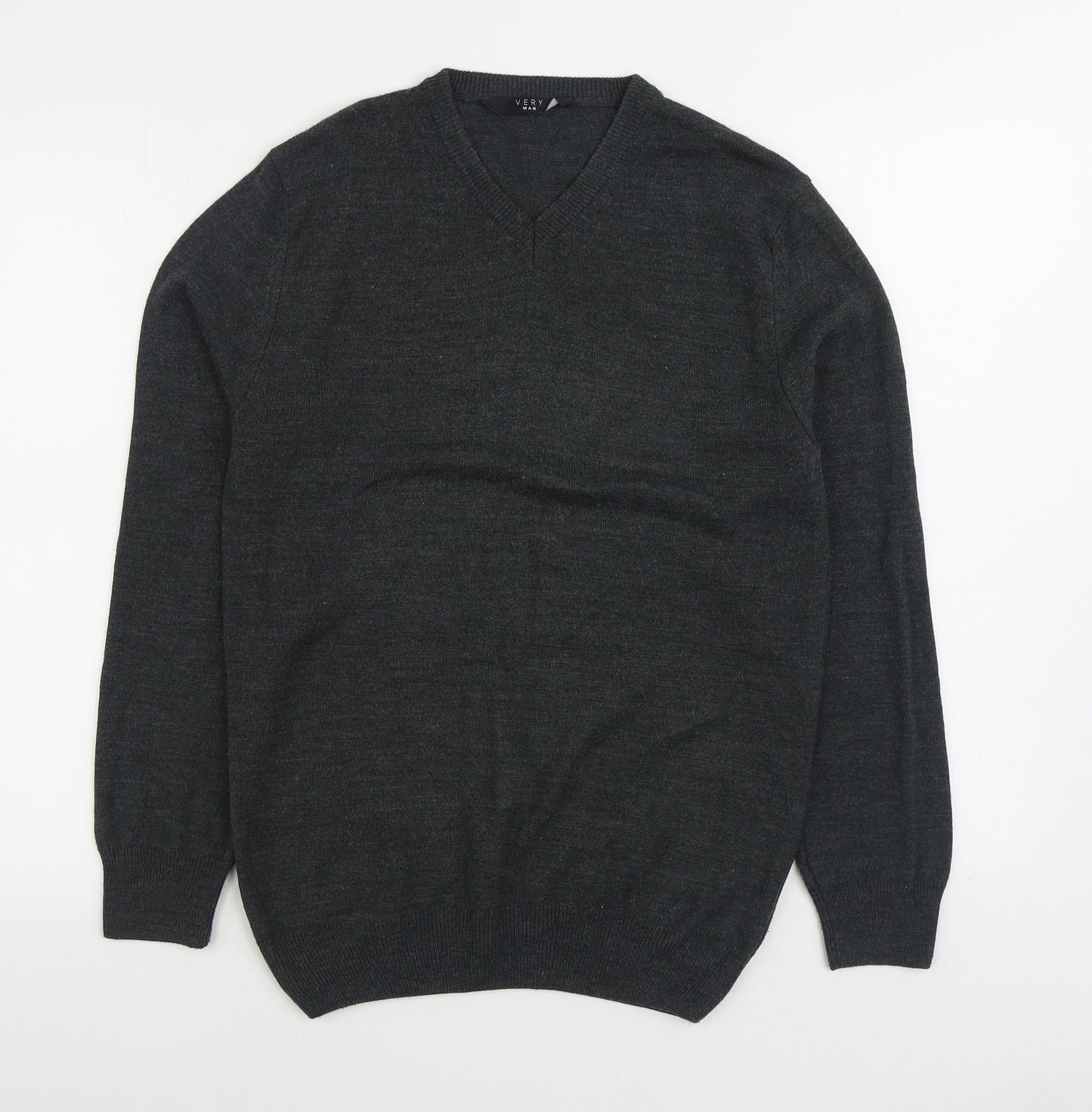 Very Man Mens Grey V-Neck Acrylic Pullover Jumper Size S