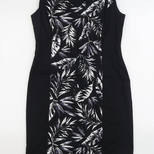 George Womens Black Floral Cotton Sheath Size 14 V-Neck Zip