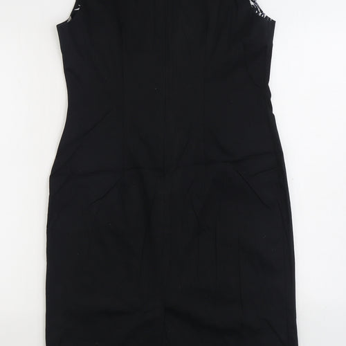 George Womens Black Floral Cotton Sheath Size 14 V-Neck Zip