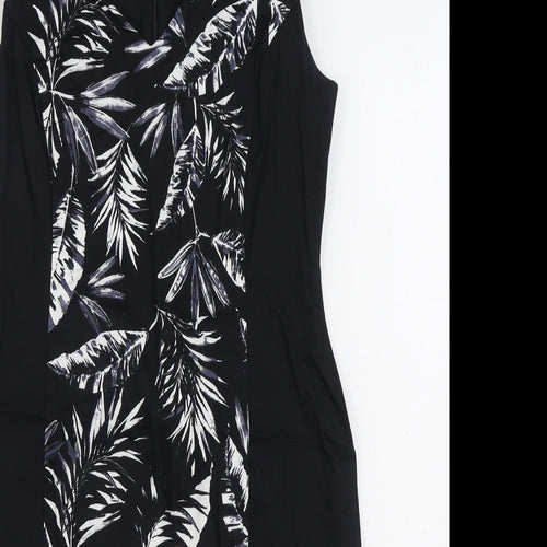 George Womens Black Floral Cotton Sheath Size 14 V-Neck Zip