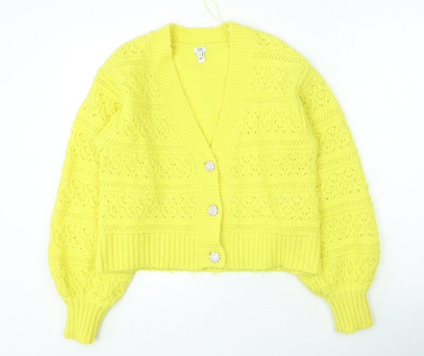 River Island Womens Yellow V-Neck Polyester Cardigan Jumper Size M