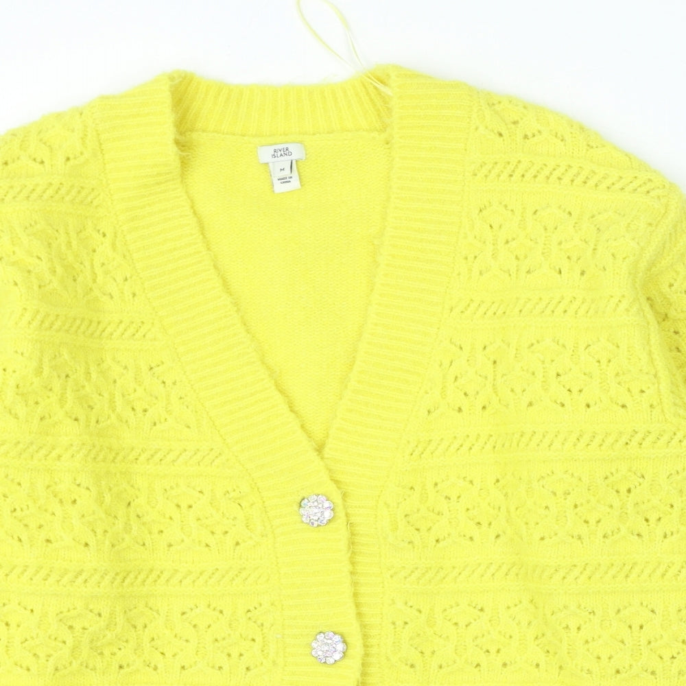 River Island Womens Yellow V-Neck Polyester Cardigan Jumper Size M
