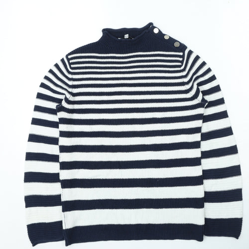 Warehouse Womens Blue High Neck Striped Cotton Pullover Jumper Size 12