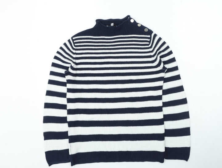 Warehouse Womens Blue High Neck Striped Cotton Pullover Jumper Size 12
