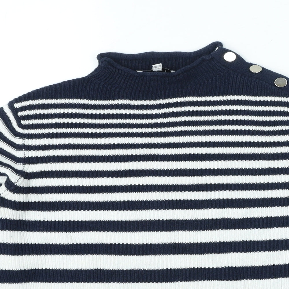 Warehouse Womens Blue High Neck Striped Cotton Pullover Jumper Size 12