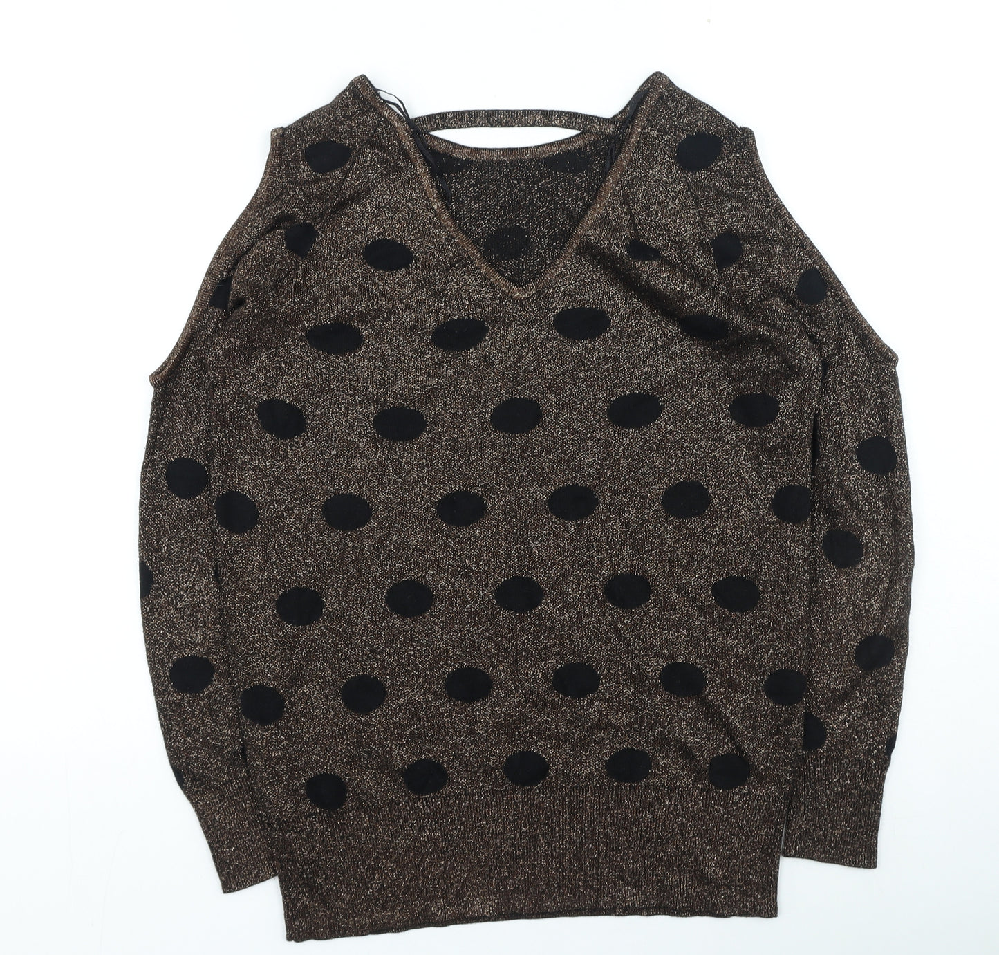 Soon Womens Gold Round Neck Polka Dot Polyester Pullover Jumper Size 12