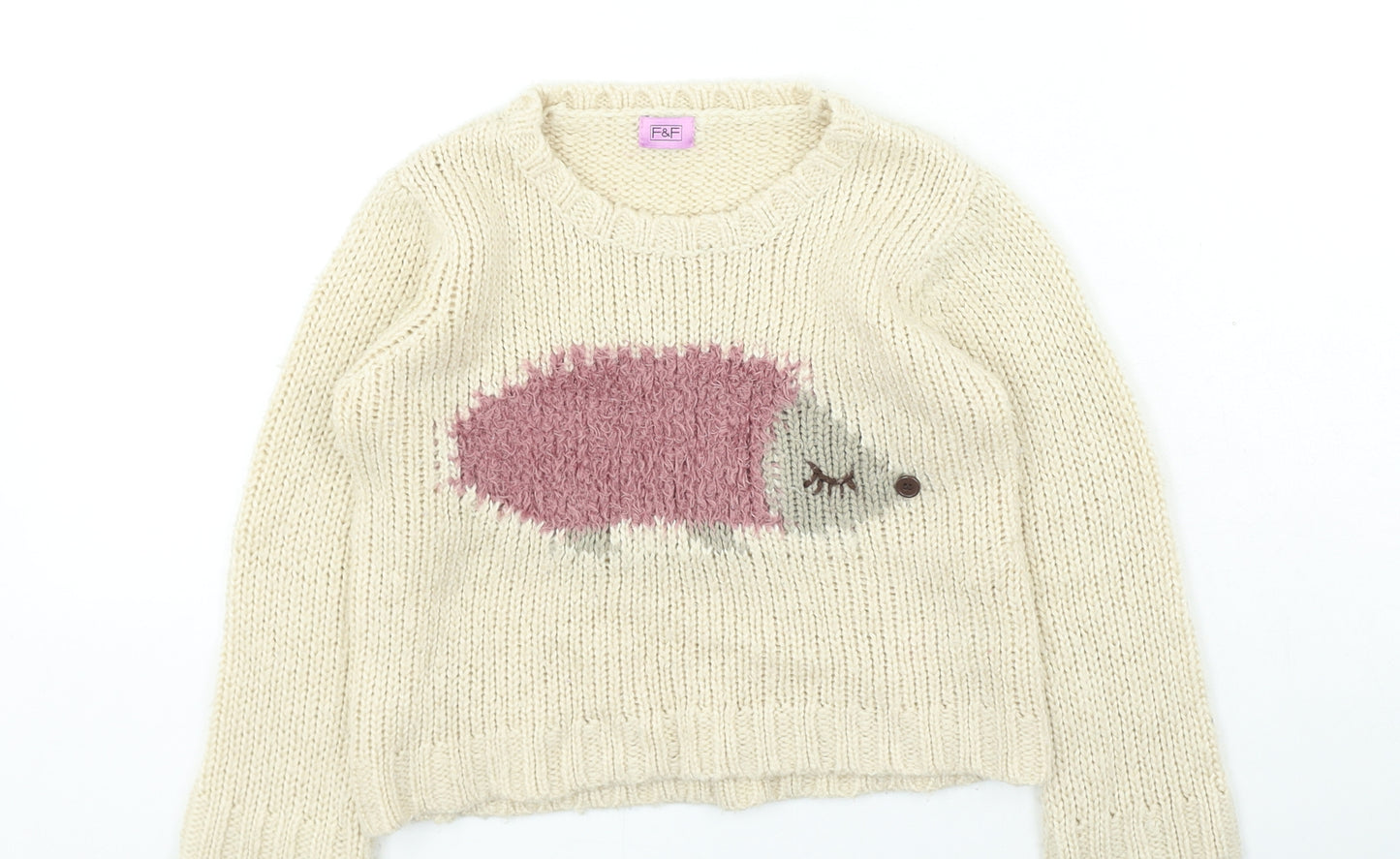 F&F Girls Beige Round Neck Acrylic Pullover Jumper Size 4-5 Years - hedgehog