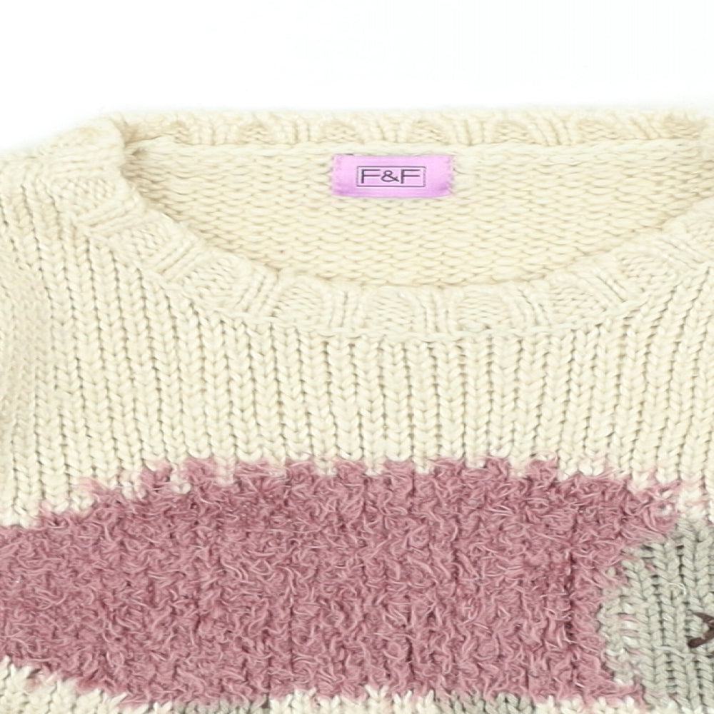 F&F Girls Beige Round Neck Acrylic Pullover Jumper Size 4-5 Years - hedgehog