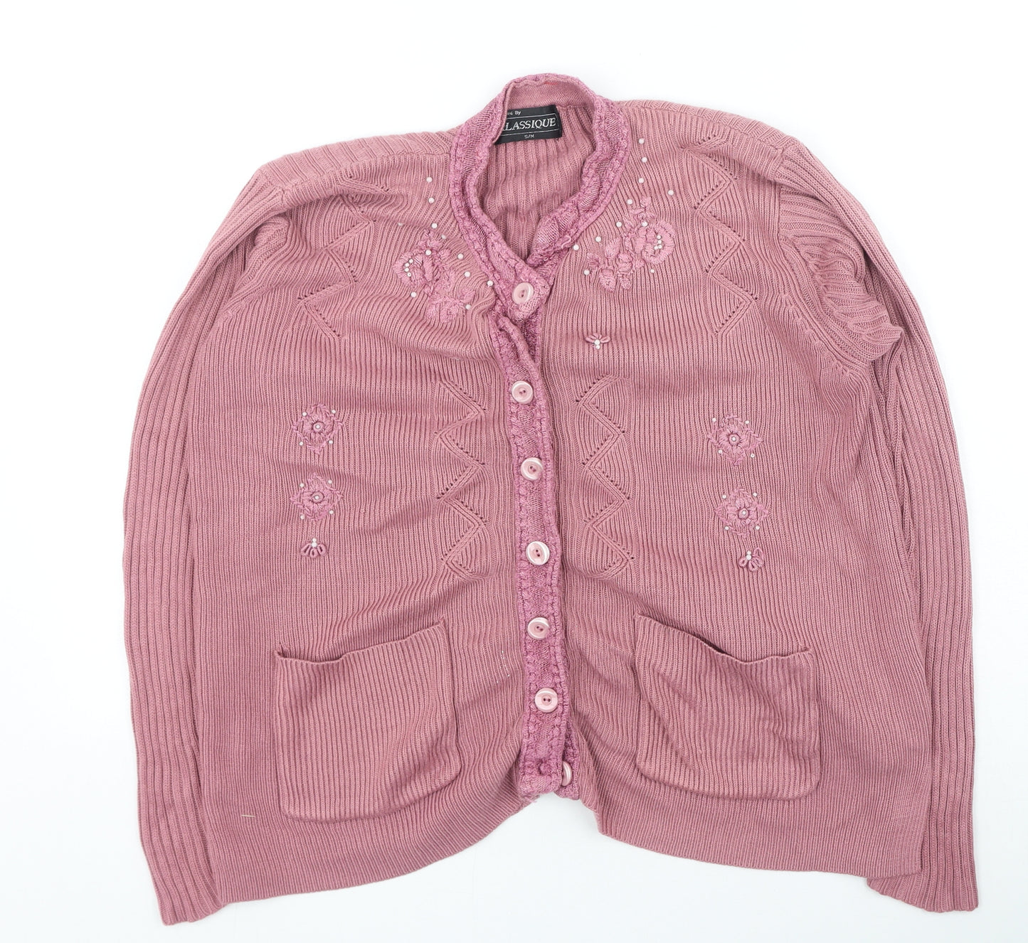 klassique Womens Pink Round Neck Acrylic Cardigan Jumper Size S