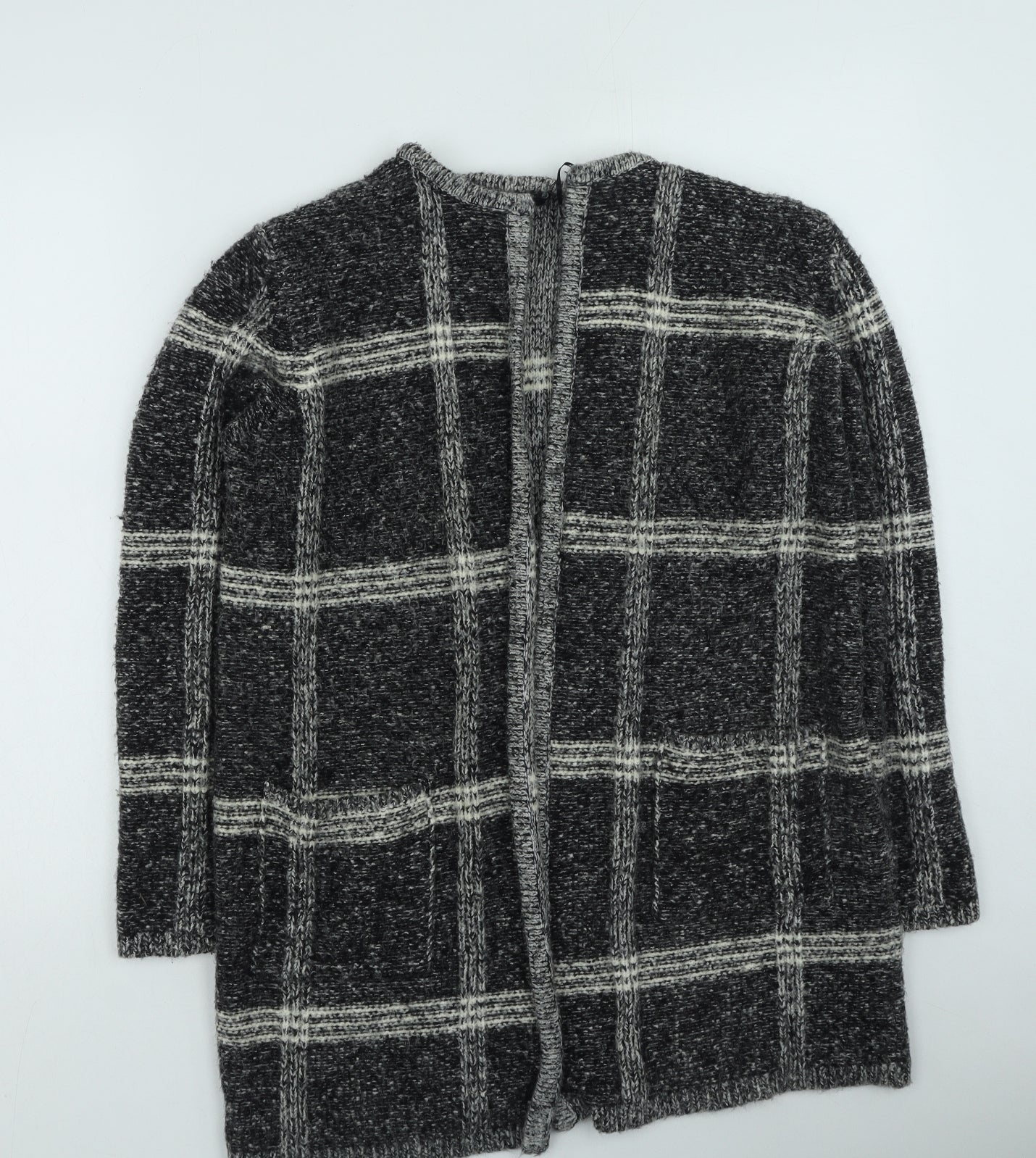 M&Co Womens Grey Round Neck Plaid Acrylic Cardigan Jumper Size 16