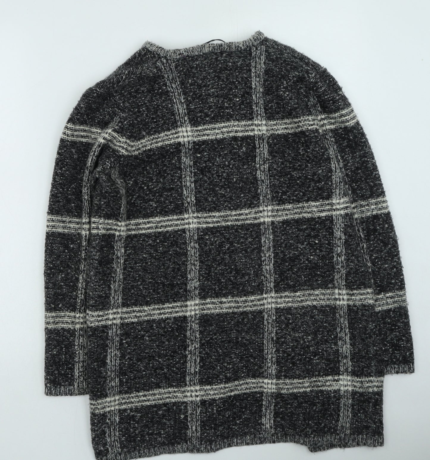 M&Co Womens Grey Round Neck Plaid Acrylic Cardigan Jumper Size 16
