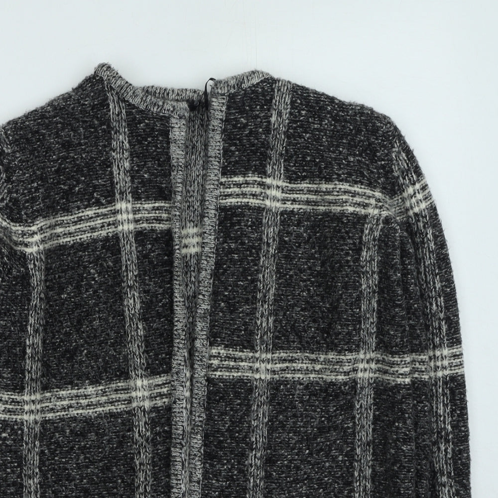 M&Co Womens Grey Round Neck Plaid Acrylic Cardigan Jumper Size 16