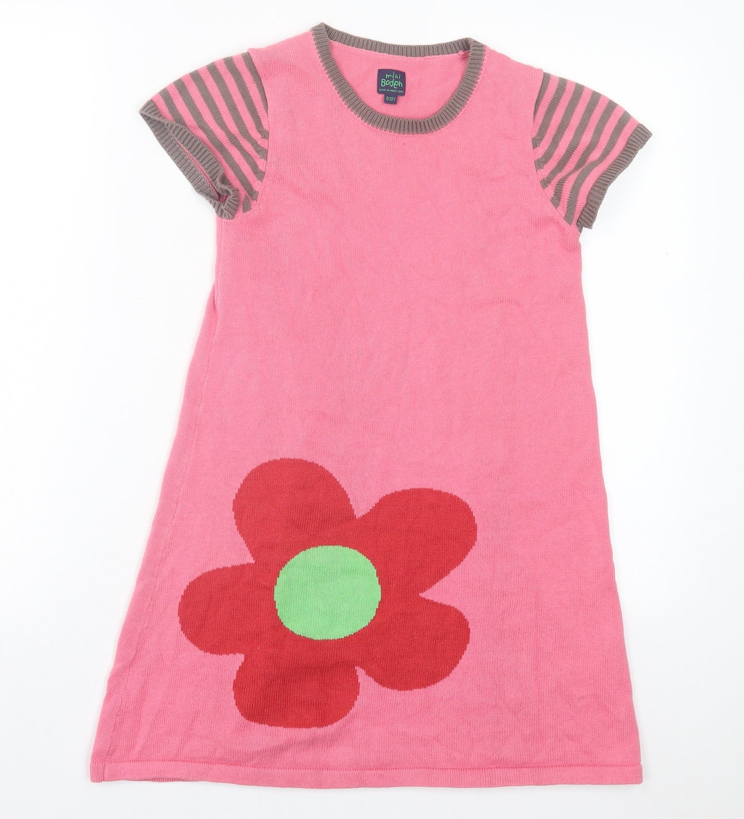 Mini Boden Girls Pink Striped Cotton A-Line Size 9-10 Years Crew Neck Pullover