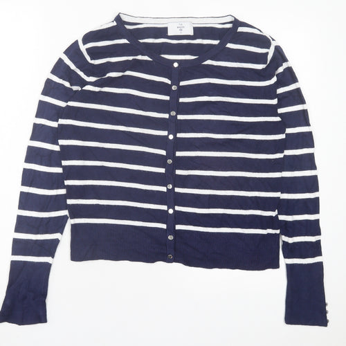 C&A Womens Blue Crew Neck Striped Acrylic Cardigan Jumper Size M