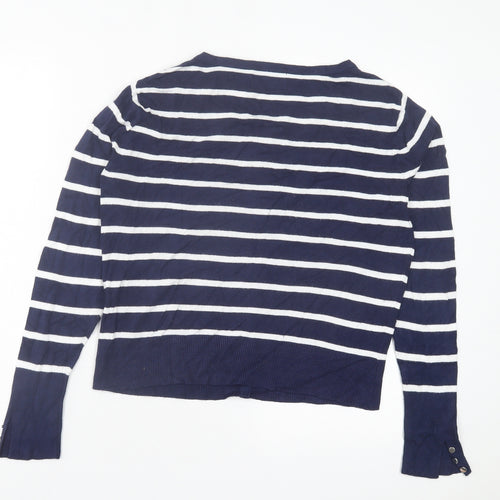 C&A Womens Blue Crew Neck Striped Acrylic Cardigan Jumper Size M