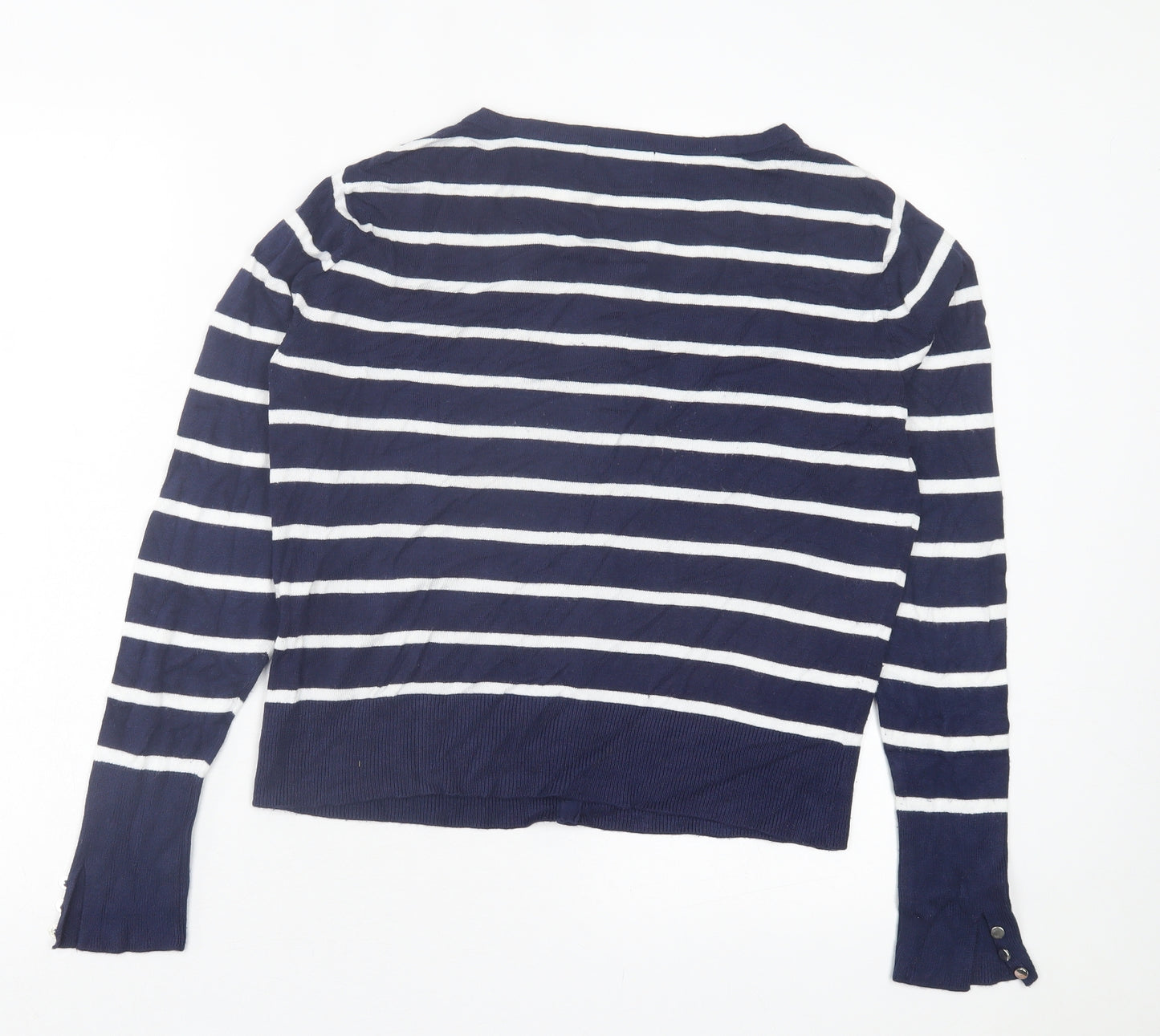 C&A Womens Blue Crew Neck Striped Acrylic Cardigan Jumper Size M