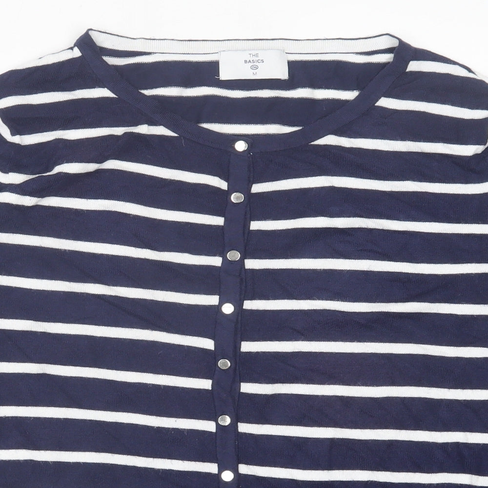 C&A Womens Blue Crew Neck Striped Acrylic Cardigan Jumper Size M