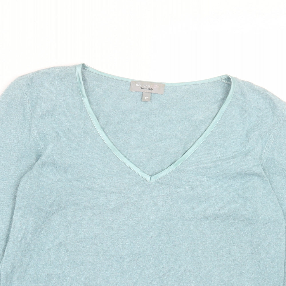 Per Una Womens Blue Polyester Basic T-Shirt Size 12 V-Neck