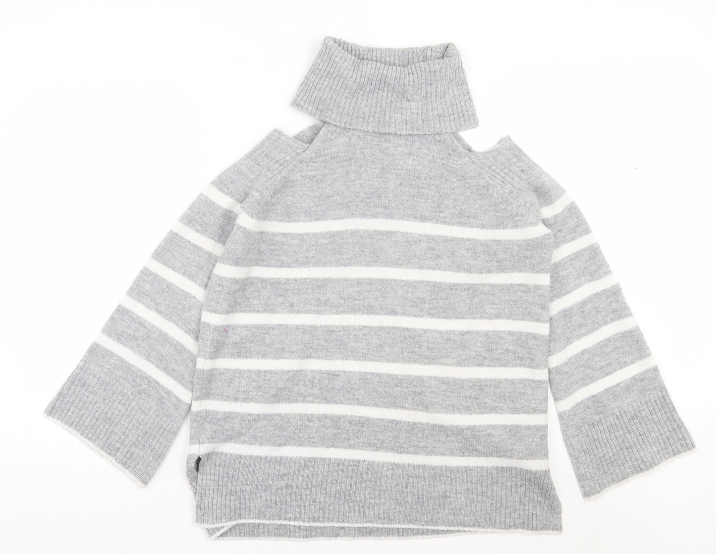 River Island Womens Grey Roll Neck Striped Acrylic Pullover Jumper Size 10 - cold Shoulder