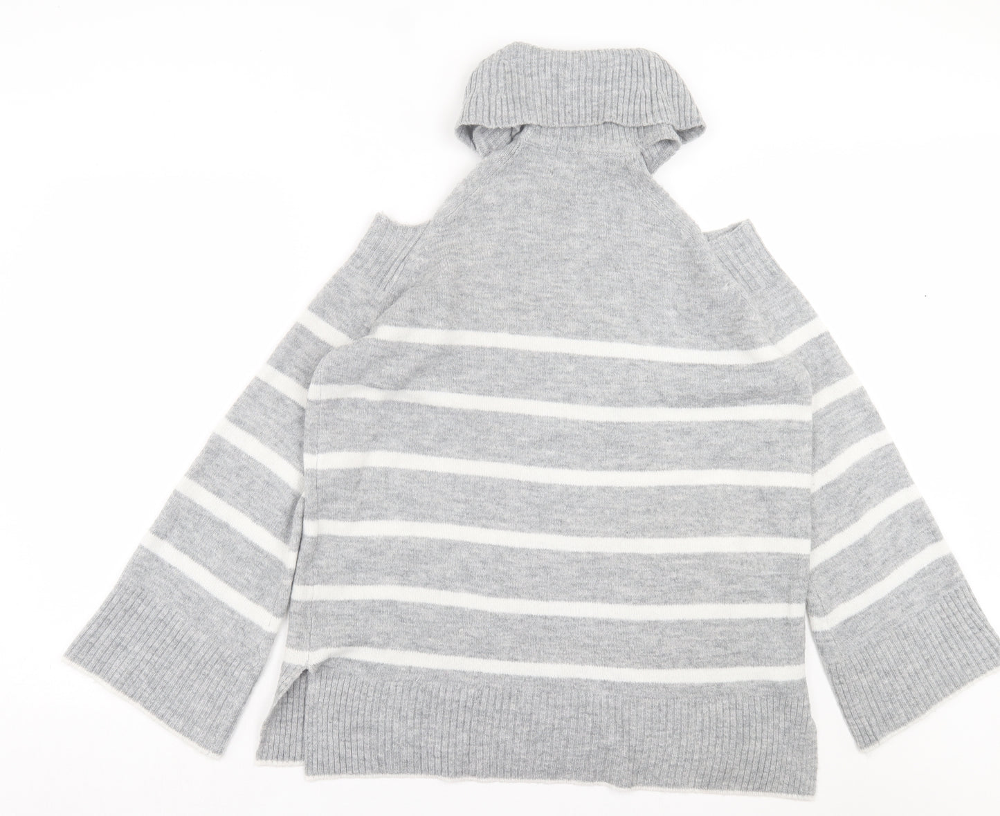 River Island Womens Grey Roll Neck Striped Acrylic Pullover Jumper Size 10 - cold Shoulder