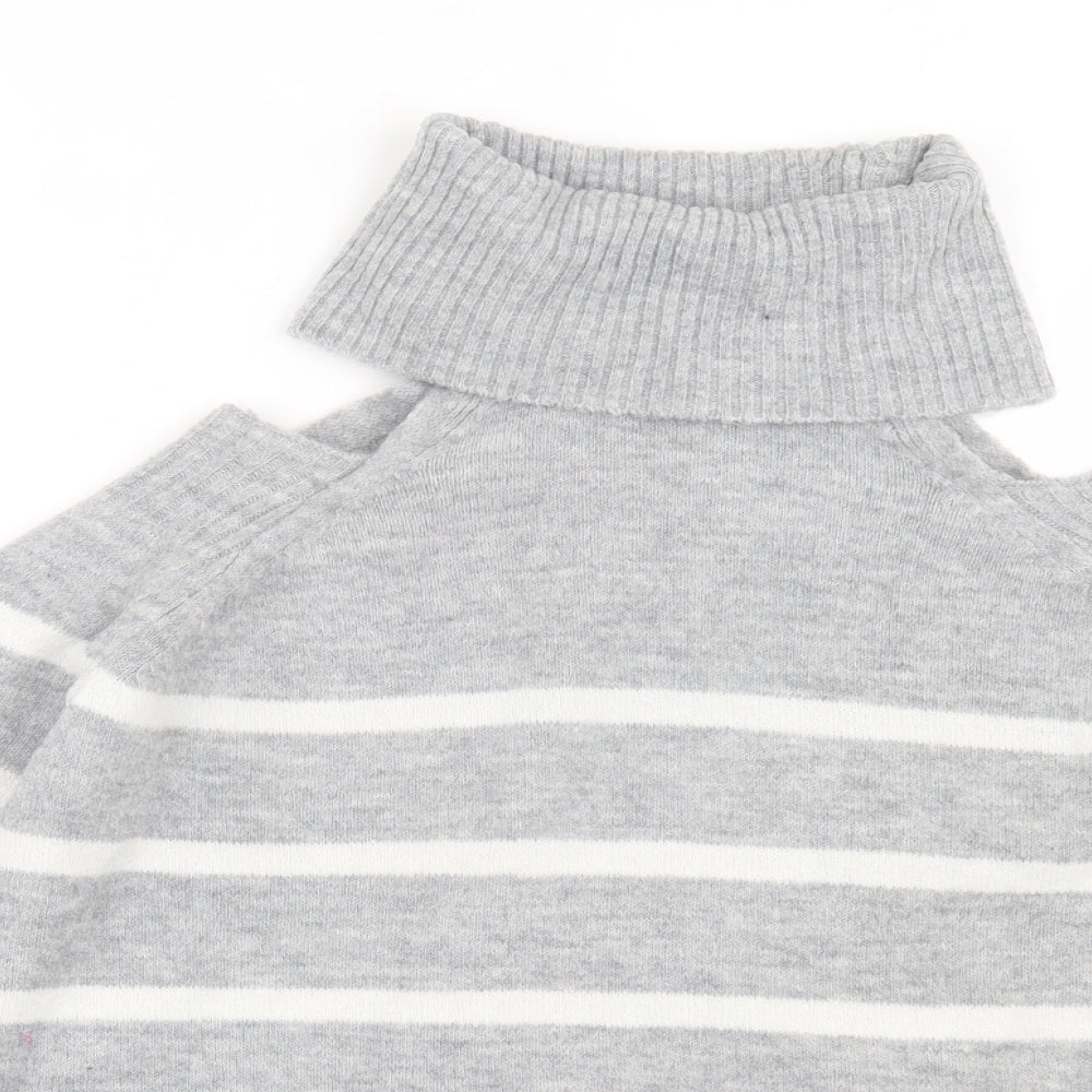 River Island Womens Grey Roll Neck Striped Acrylic Pullover Jumper Size 10 - cold Shoulder