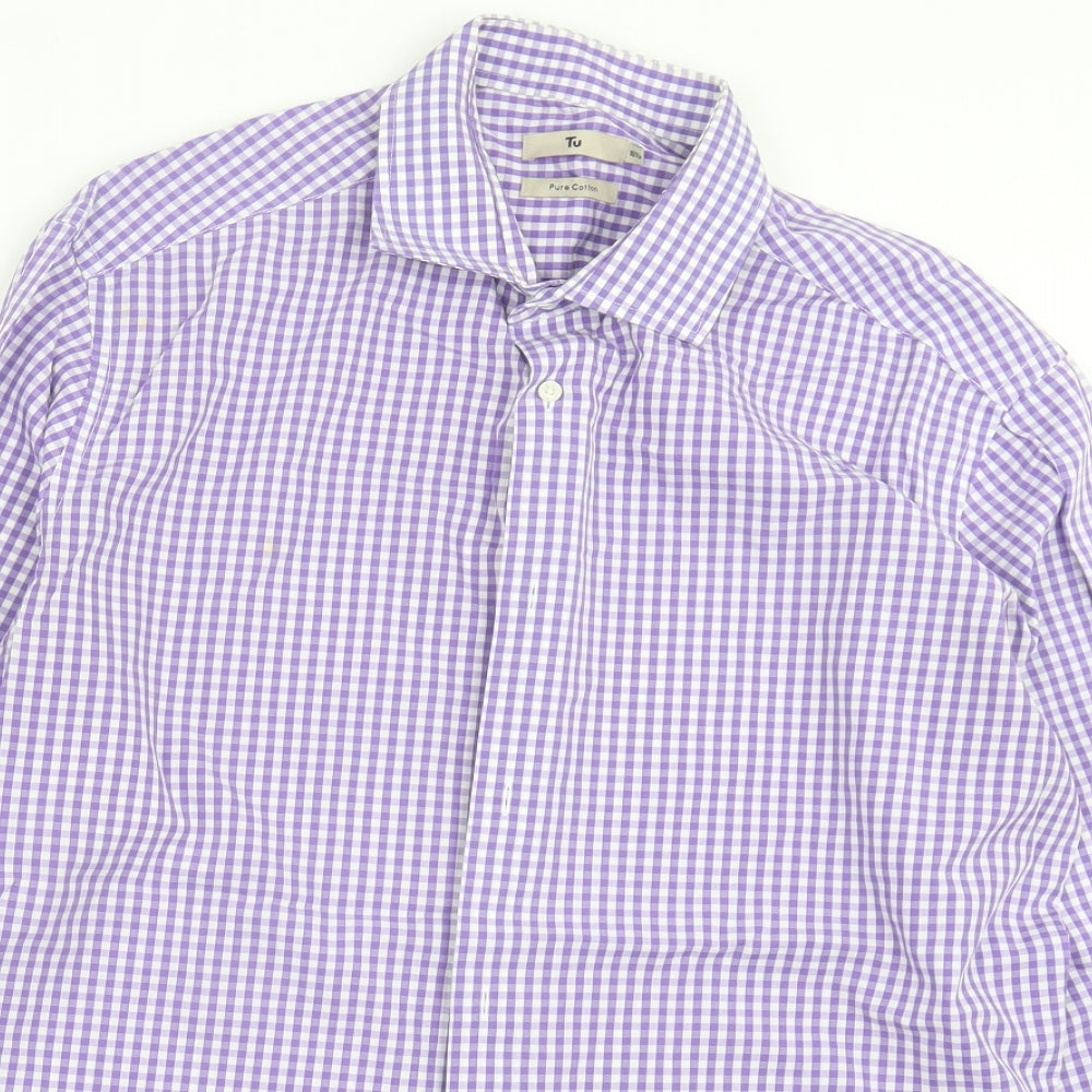 TU Mens Purple Plaid Cotton Button-Up Size 16.5 Collared Button