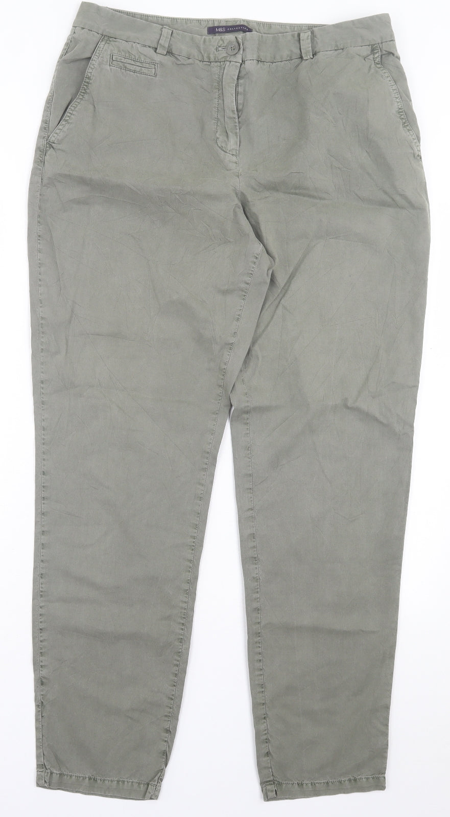 Marks and Spencer Womens Green Cotton Trousers Size 14 L31 in Regular Button