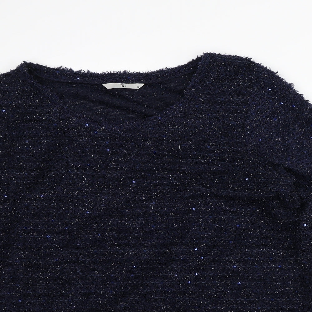 TU Womens Blue V-Neck Geometric Polyester Pullover Jumper Size 16