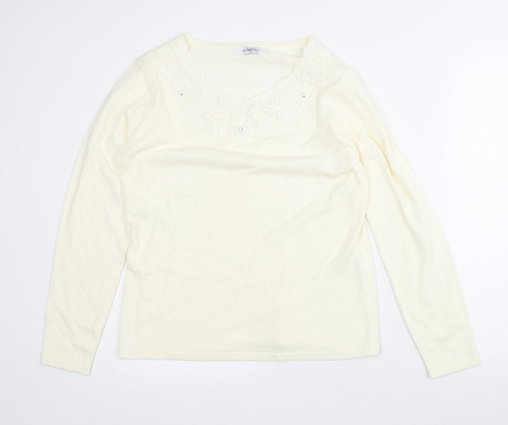 Classic Womens Beige Floral Acrylic Pullover Sweatshirt Size 12