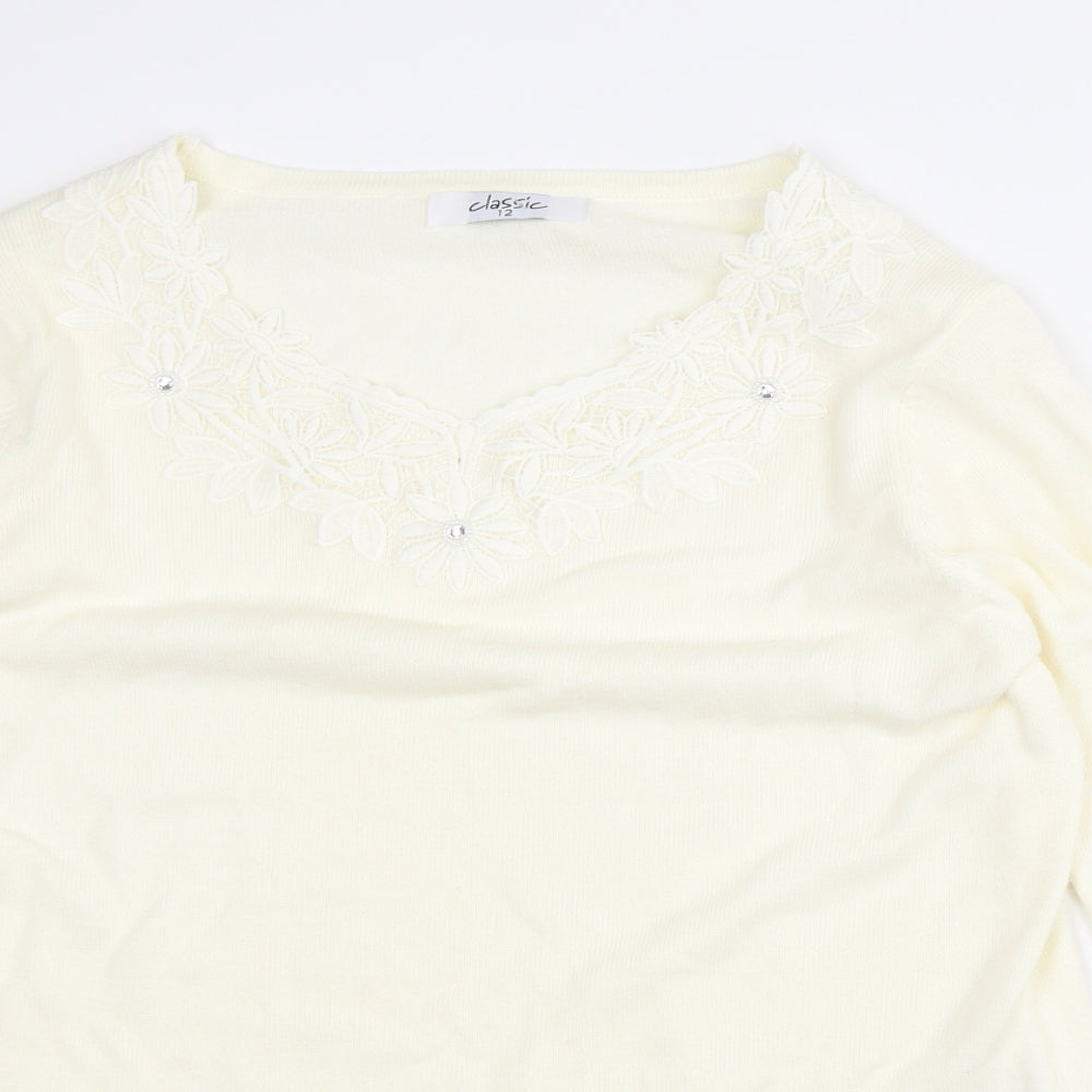 Classic Womens Beige Floral Acrylic Pullover Sweatshirt Size 12