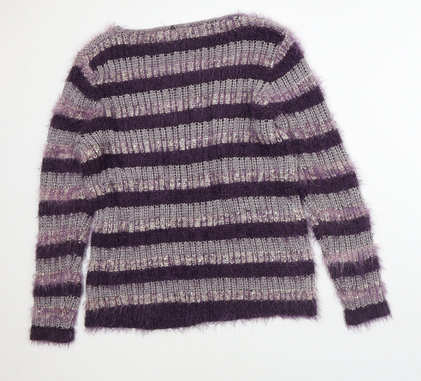 M&Co Womens Purple Round Neck Striped Polyester Pullover Jumper Size 16 - Fluffy