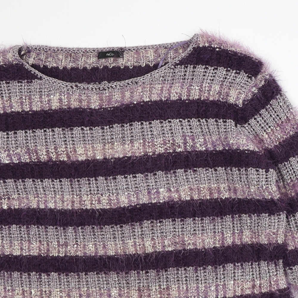 M&Co Womens Purple Round Neck Striped Polyester Pullover Jumper Size 16 - Fluffy