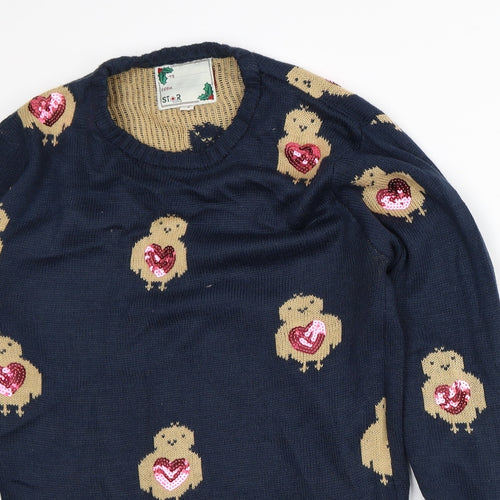 Star Clothing Womens Blue Crew Neck Geometric Acrylic Pullover Jumper Size 10 - Christmas