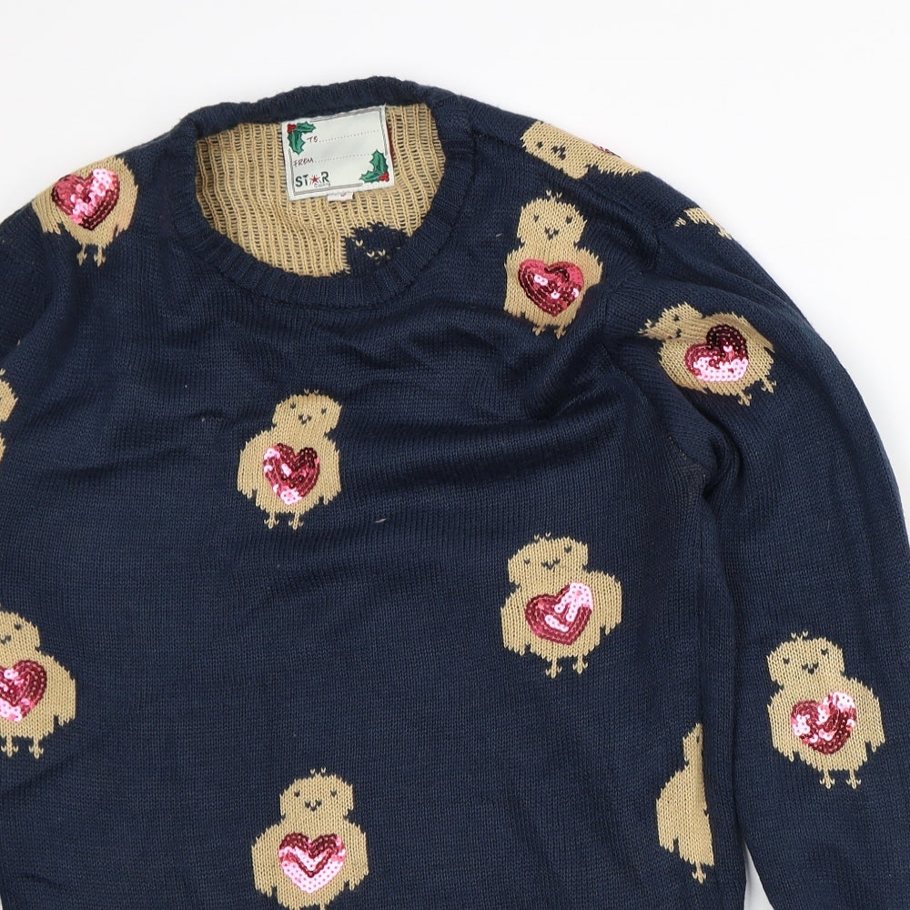 Star Clothing Womens Blue Crew Neck Geometric Acrylic Pullover Jumper Size 10 - Christmas