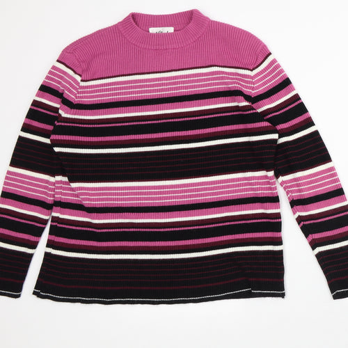 Afibel Womens Pink Mock Neck Striped Acrylic Pullover Jumper Size L