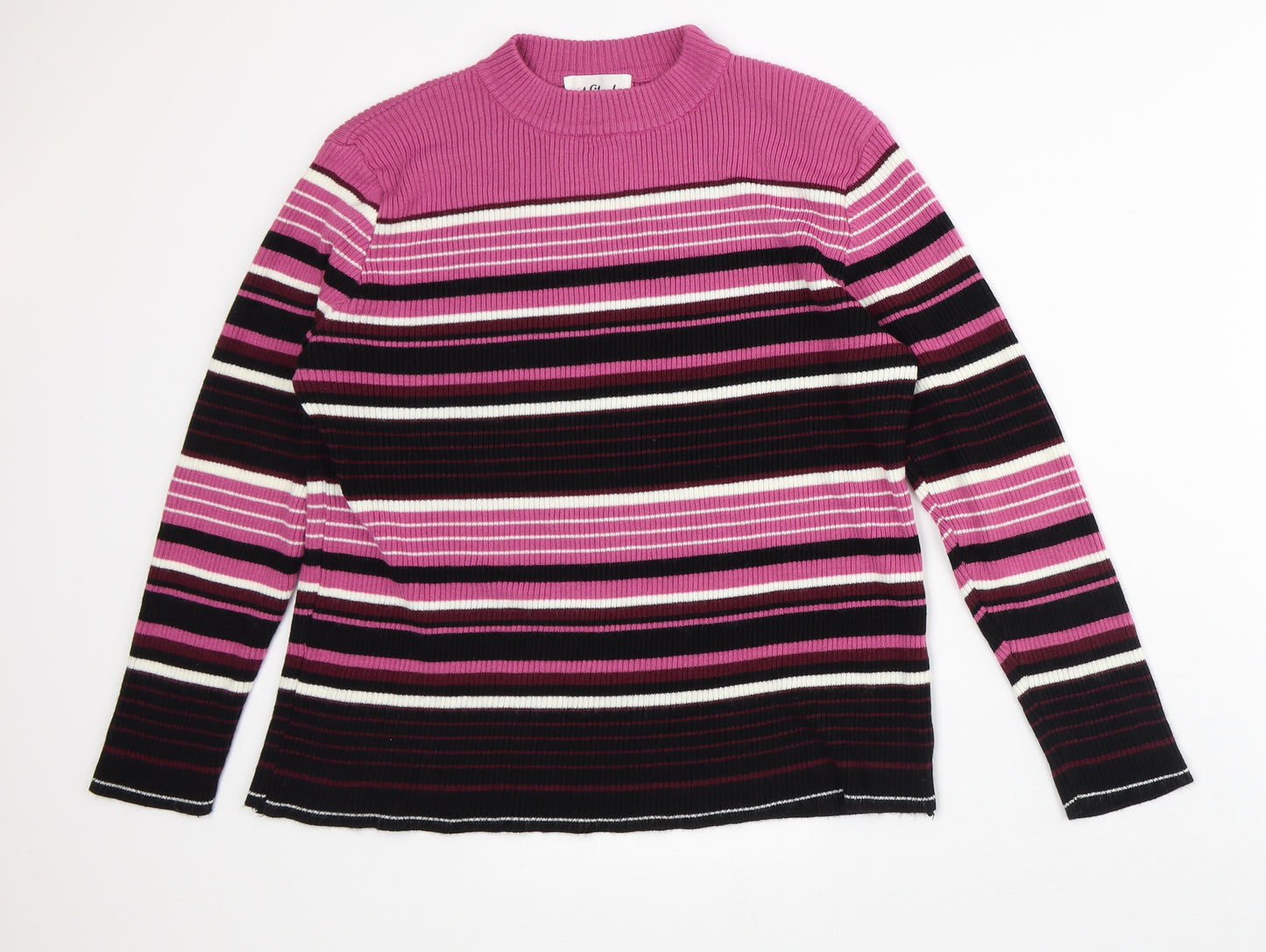 Afibel Womens Pink Mock Neck Striped Acrylic Pullover Jumper Size L